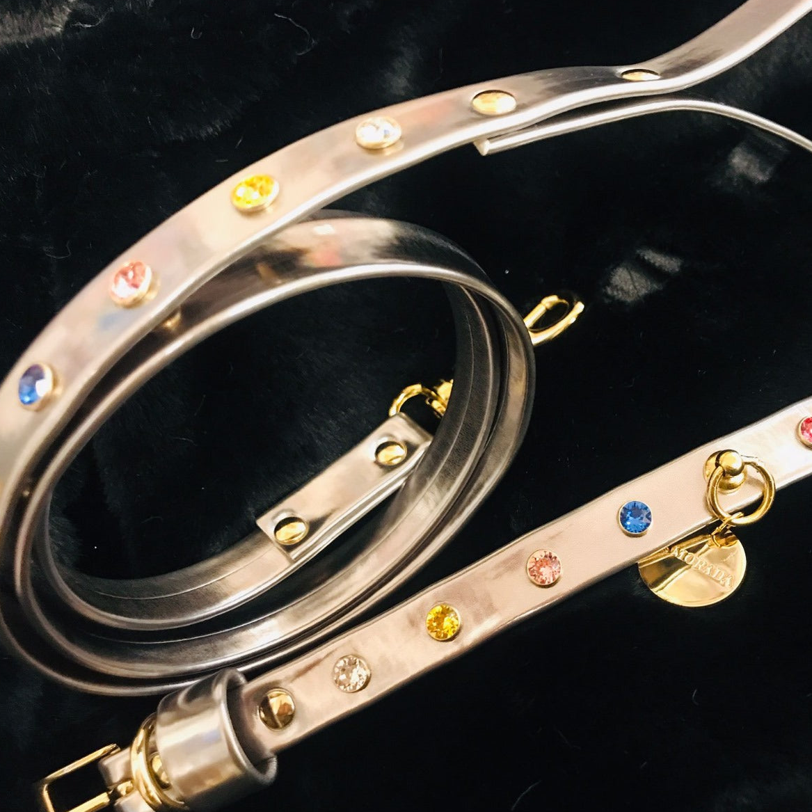Guinzaglio in ecopelle con swarovski multicolor