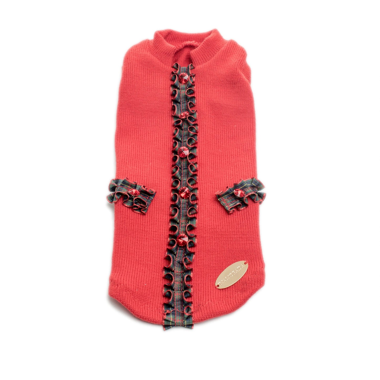 Dettagli maglione natalizio per cani in lana e finiture in tartan | My Pet Luxury Boutique | mypetluxuryboutique.com