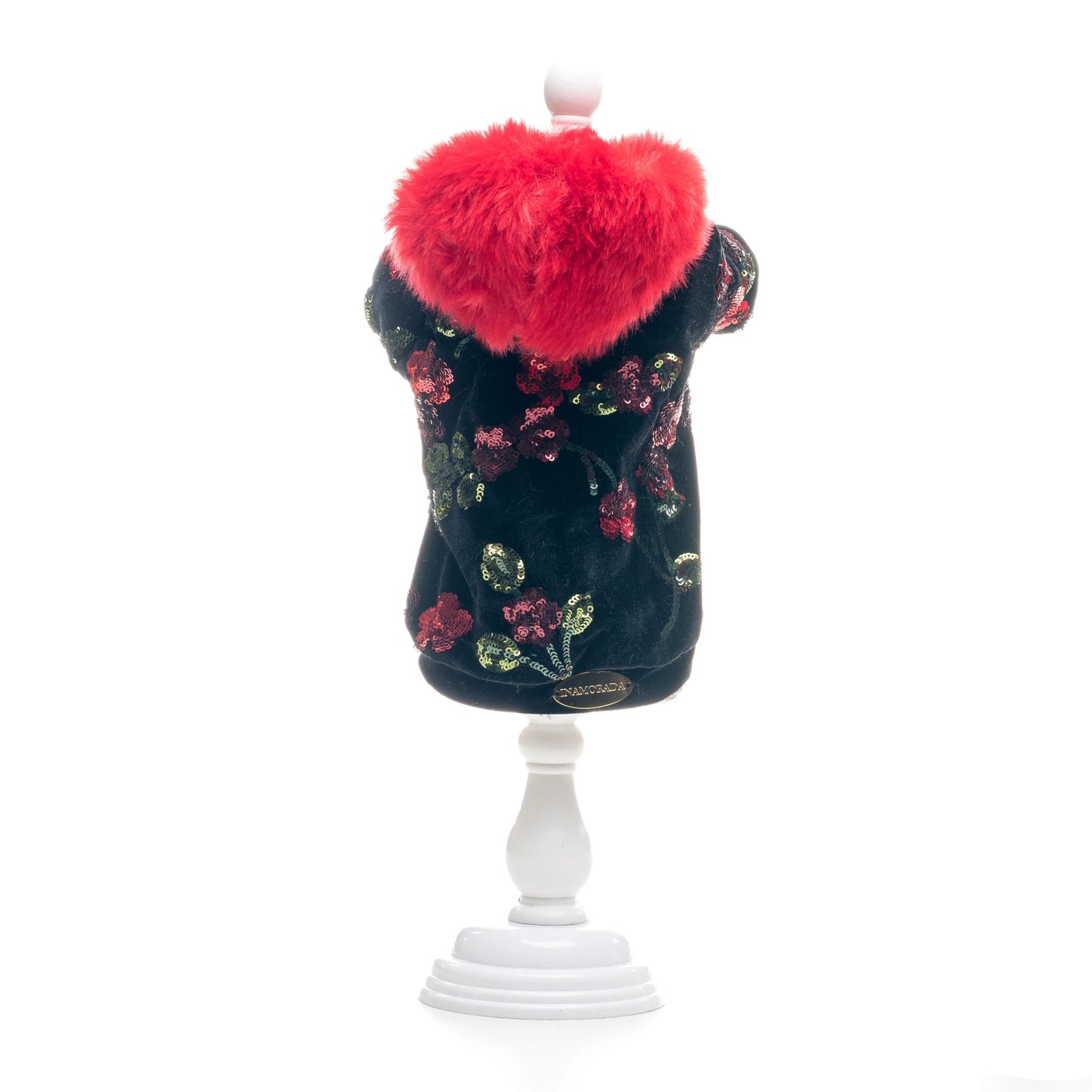Felpa in ciniglia per cani nera con cappuccio in pelliccia rosso Natale e ricami in paillettes | My Pet Luxury Boutique |mypetluxuryboutique.com