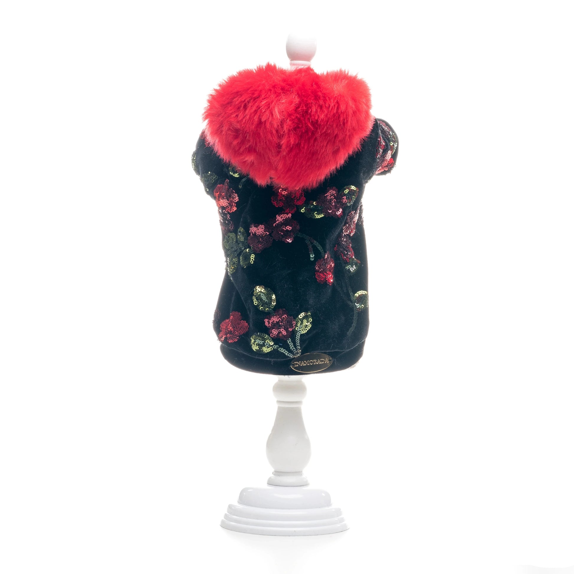 Felpa in ciniglia per cani nera con cappuccio in pelliccia rosso Natale e ricami in paillettes | My Pet Luxury Boutique |mypetluxuryboutique.com