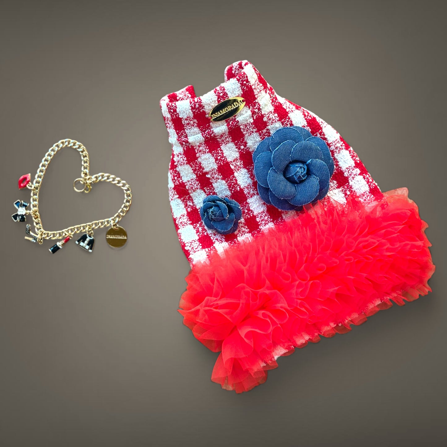 Tweed Dress with rouched tulle skirt